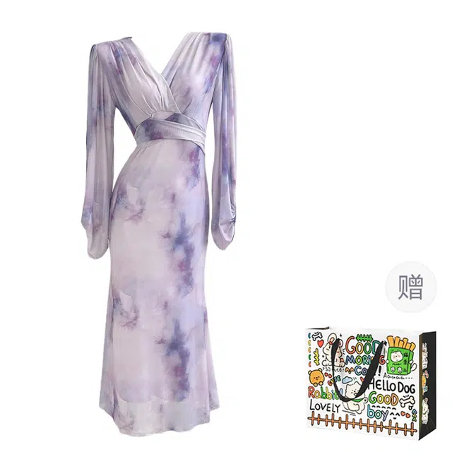 玉儿恋 法式复古晕染温柔风长袖宫廷袖气质显瘦度假长裙长袖连衣裙款式 女款 紫色单品