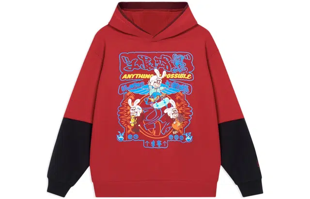 李宁儿童 运动生活 卡通印花宽松套头连帽卫衣 儿童款 玛瑙红