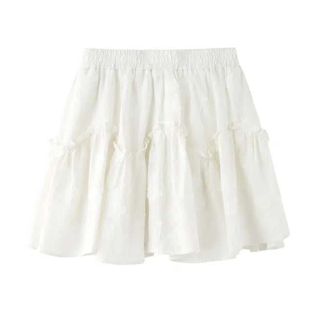 花栗鼠小姐 芭蕾圆舞曲 甜美纯欲通勤风松紧高腰拼缝大波浪俏皮木耳边裤里防走光休闲短裙 女款 白色