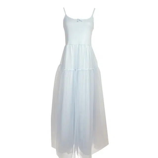 敲模女孩 甜美风少女网纱蓬蓬裙海边度假收腰仙女吊带连衣裙 女款 蓝色