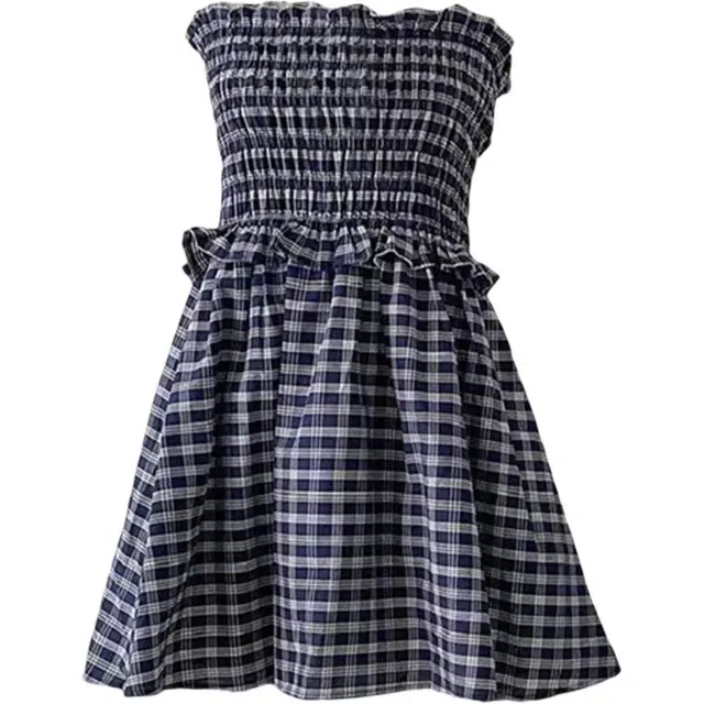木清清 修身方领薄款吊带连衣裙 女款 格子蓝