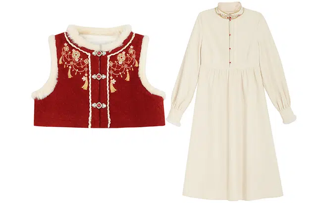 森女部落 瑞雪红装~原创新中式国风新年氛围感长袖连衣裙内搭毛呢马甲 女款