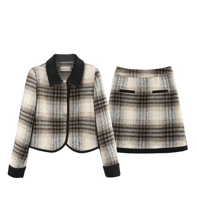苏醒的乐园 格纹翻领单排扣短款毛呢外套高腰半身裙裙裙装套装 女款 黑格