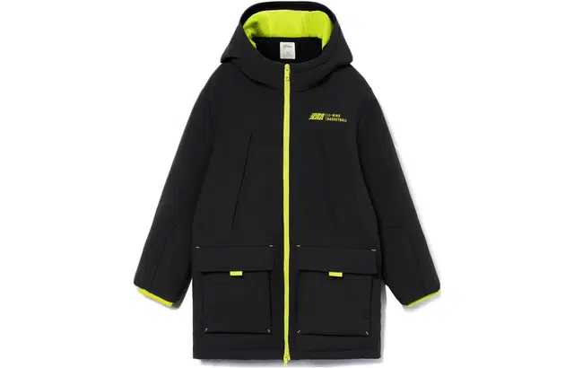 李宁儿童 童装 篮球系列 纯色贴标字母拉链连帽中长羽绒服 男童 黑色