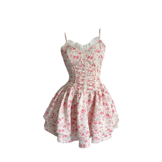 敲模女孩 法式纯欲风辣妹碎花蓬蓬裙度假穿搭超仙收腰吊带连衣裙 女款 粉红色