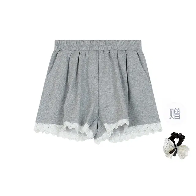 涂诗菲 法式复古设计感蕾丝花边拼接高腰运动阔腿休闲短裤 女款