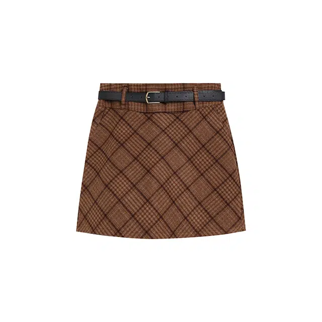 冰淇淋与鲸 复古韩系英伦风毛呢高腰包臀休闲短裙 女款 棕色格纹