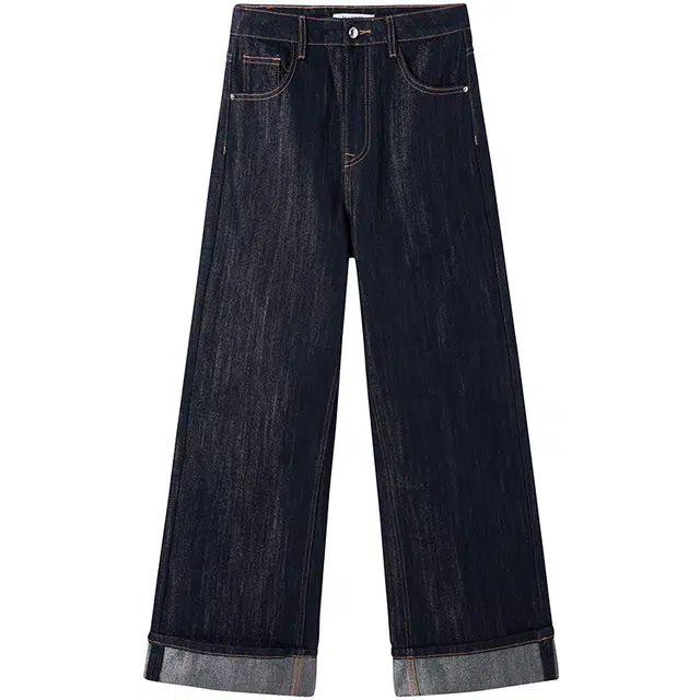 太平鸟 水洗高腰直筒长裤牛仔裤 女款 深蓝