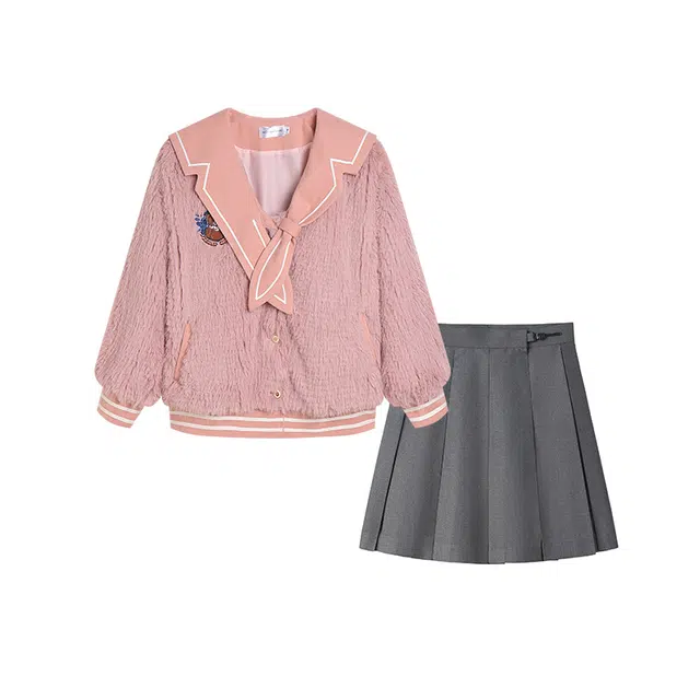 冰淇淋与鲸 拼色海军领单排扣短款外套高腰百褶短裙裙装套装 女款