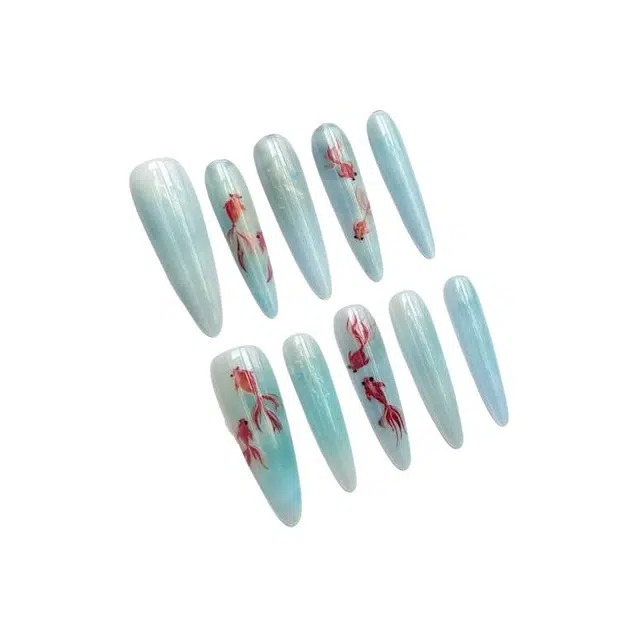 计轩 金鱼印花工艺  穿戴甲 长款浅蓝色渐变 新中式