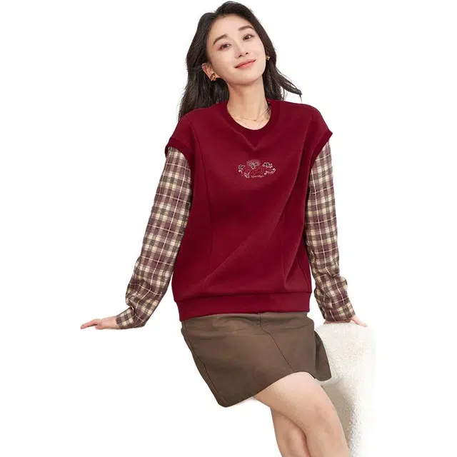 熙然 拼接圆领拼色常规长袖卫衣 女款
