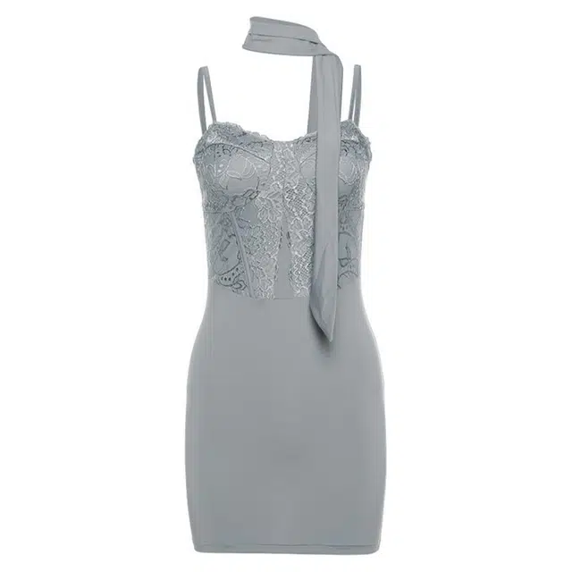 哒头下雨不愁 法式优雅气质性感暗纹修身带脖套包臀后妈吊带连衣裙 女款 灰色