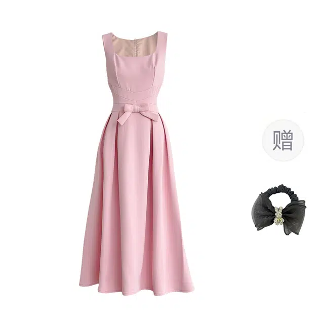 雾闪闪 纯色气质优雅蝴蝶结长款无袖连衣裙 女款