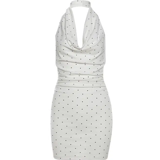 哒头下雨不愁 法式御姐轻熟波点荡领挂脖吊带性感修身包臀裙女无袖连衣裙 女款 白色