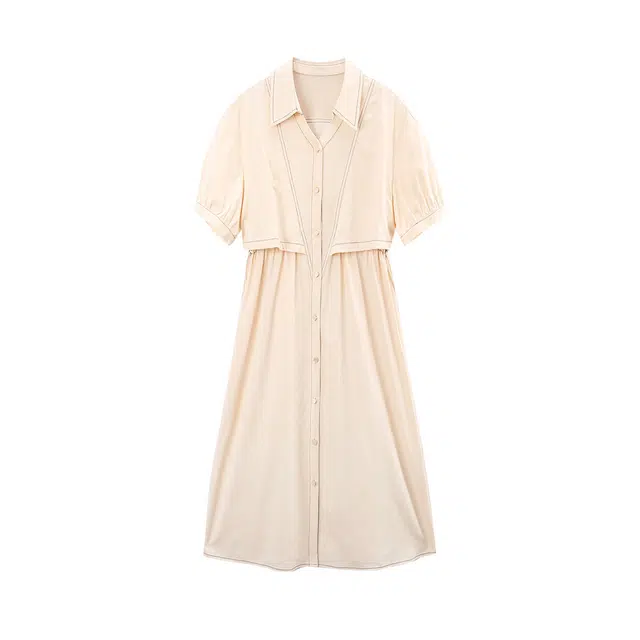 苏醒的乐园 温柔风通勤复古风拼色线条感假两件衬衫修身长款短袖连衣裙 女款 米色