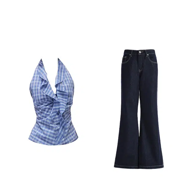敲模女孩 韩系纯欲风格纹无袖背心衬衣上衣设计感小众高腰阔腿牛仔长裤休闲套装 女款