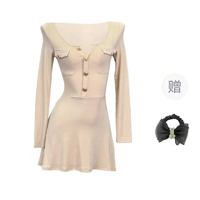 雾闪闪 韩版纯欲气质千金修身显瘦长袖连衣裙 女款 奶咖色