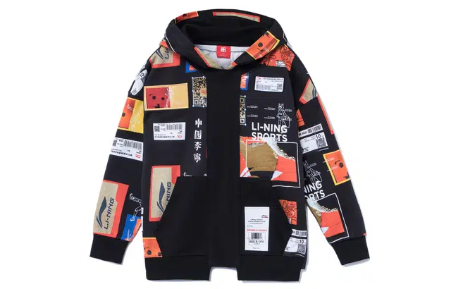 中国李宁 童装 满印图案宽松连帽套头卫衣 男童 黑色满印