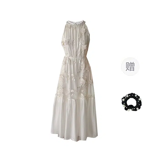 雾闪闪 韩版宽松挂脖设计重工刺绣花朵气质背心无袖连衣裙 女款