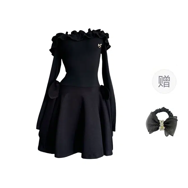 雾闪闪 纯色一字领收腰显瘦长袖连衣裙 女款 （黑色+发圈）买赠