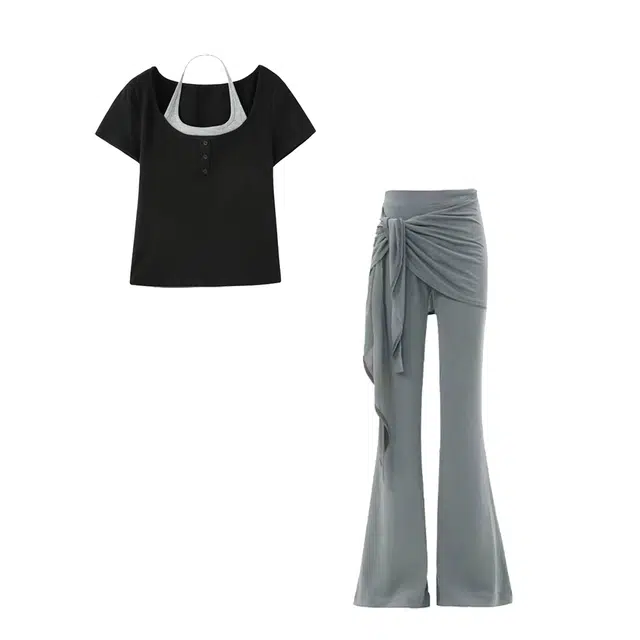 敲模女孩 纯欲风挂脖假两件短袖上衣设计感微喇叭长裤休闲套装 女款