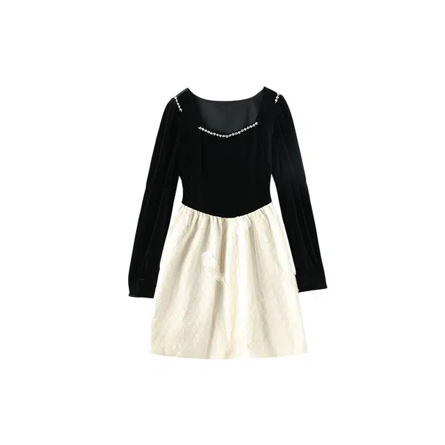 花栗鼠小姐 宫廷风蓬蓬裙拼接方领长袖连衣裙 女款 黑色