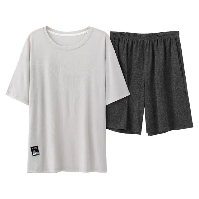 好福份 圆领纯色休闲可外穿短袖三分裤夏季睡衣套装 男款
