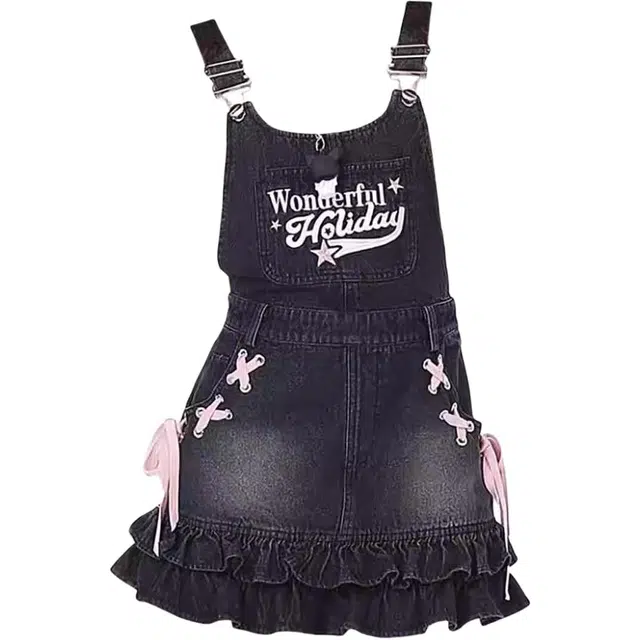 哒头下雨不愁 甜味超标小个子刺绣蝴蝶结吊带连衣裙 女款 黑色