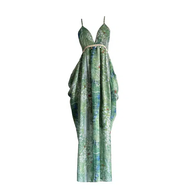 敲模女孩 法式设计感扎染慵懒风碎花挂脖抹胸海边度假风吊带连衣裙 女款 绿色