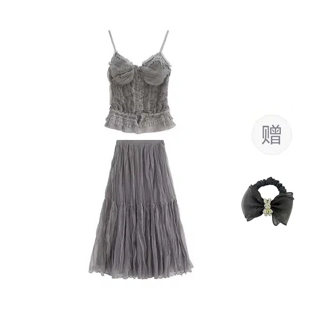 雾闪闪 复古重工扎染蕾丝背心双层网纱吊带连衣裙 女款 （灰色＋发圈）买赠