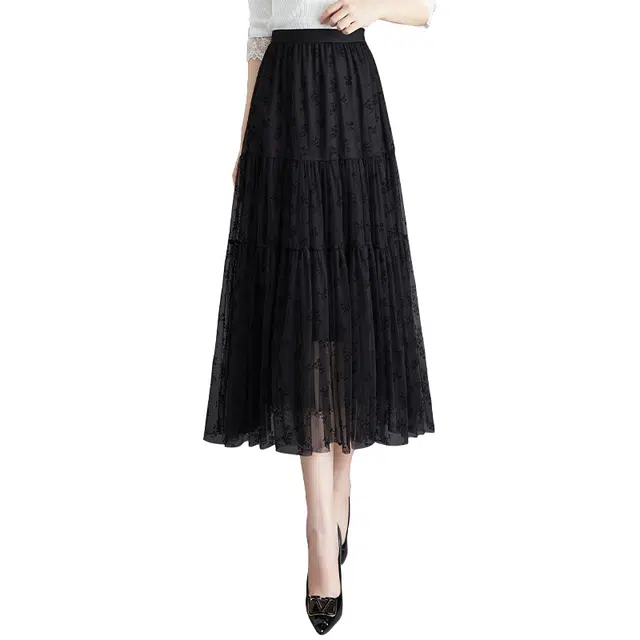 她池 层次感网纱气质高腰简约中长款半身裙 女款 黑色