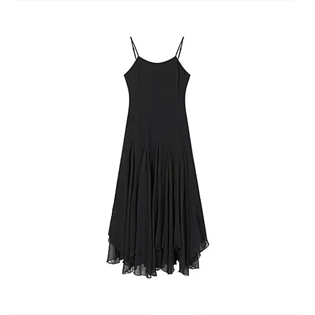 敲模女孩 纯欲风修身性感包臀网纱不规则大裙摆鱼尾吊带连衣裙 女款 黑色