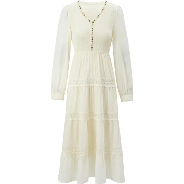 谜秀 罗马风高级重工镂空三层花边蕾丝拼接复古收腰显瘦度假风长袖连衣裙 女款 奶糖杏