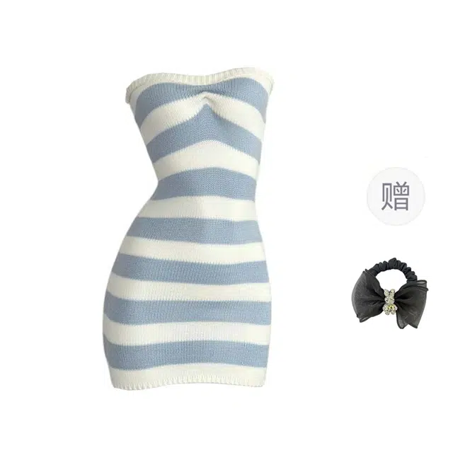 雾闪闪 条纹抹胸针织一字领包臀无袖连衣裙 女款 蓝白条纹