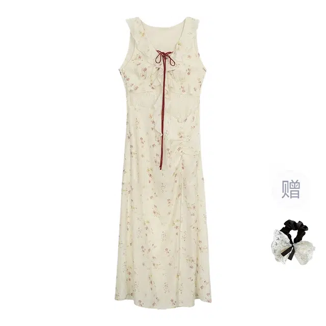 涂诗菲 法式碎花拼接蕾丝镂空开叉设计感收腰显瘦无袖连衣裙 女款 杏色