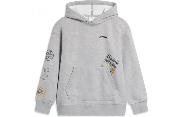 李宁儿童 童装 篮球系列 印花字母连帽套头抓绒卫衣 儿童款 花灰