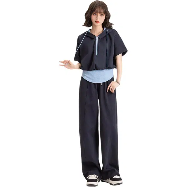 法文箱子 连帽短袖纯色落肩袖高腰长裤休闲套装 女款