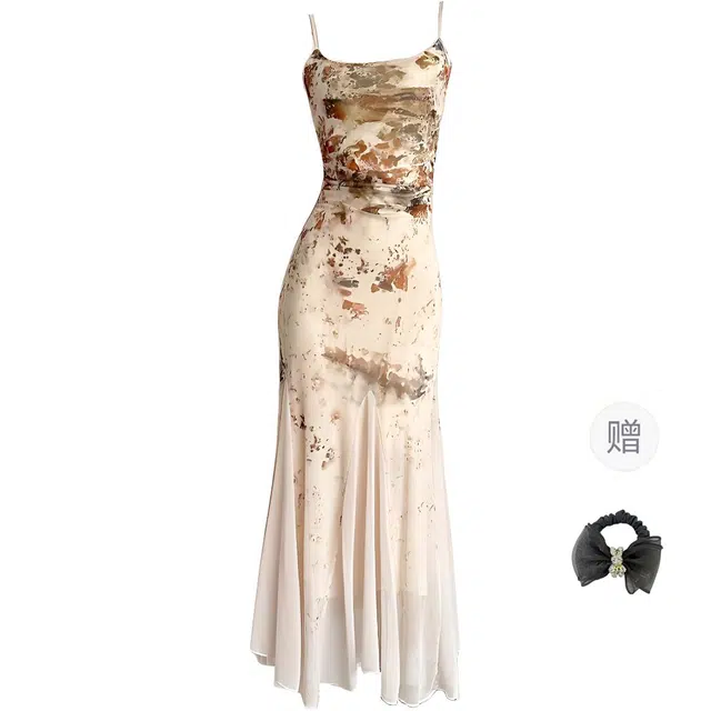 雾闪闪 枯木逢春艺术清冷禅意小众不规则鱼尾摆复古吊带连衣裙 女款 花色