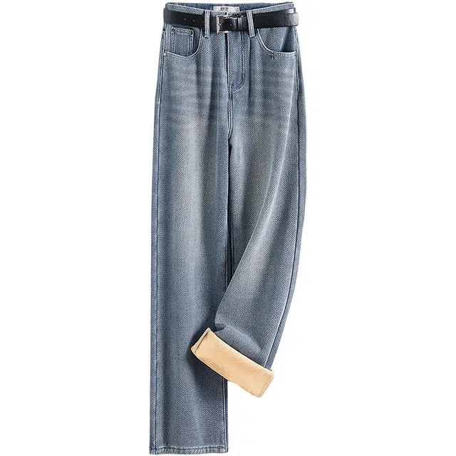 她池 厚款时尚休闲宽松高腰直筒裤牛仔裤 女款 深蓝色