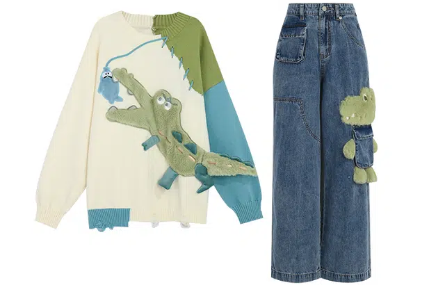 森女部落 原创萌趣撞色套头毛针织衫软糯慵懒毛衣立体毛绒牛仔裤直筒宽松休闲套装 女款