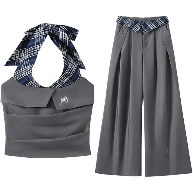 小菊川栗 学院风时尚潮流格子小众拼接挂脖背心通勤阔腿裤休闲套装 女款
