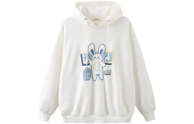 花山家的猫 兔叽叽 兔耳帽兔子卡通印花宽松长袖连帽卫衣 女款