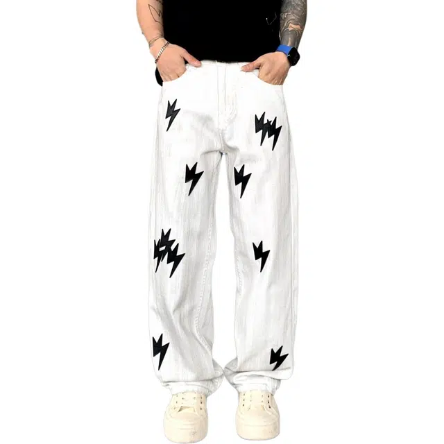 宝米卡 国潮美式闪电裤子复古街头宽松设计感潮牌直筒水洗牛仔裤 男女同款