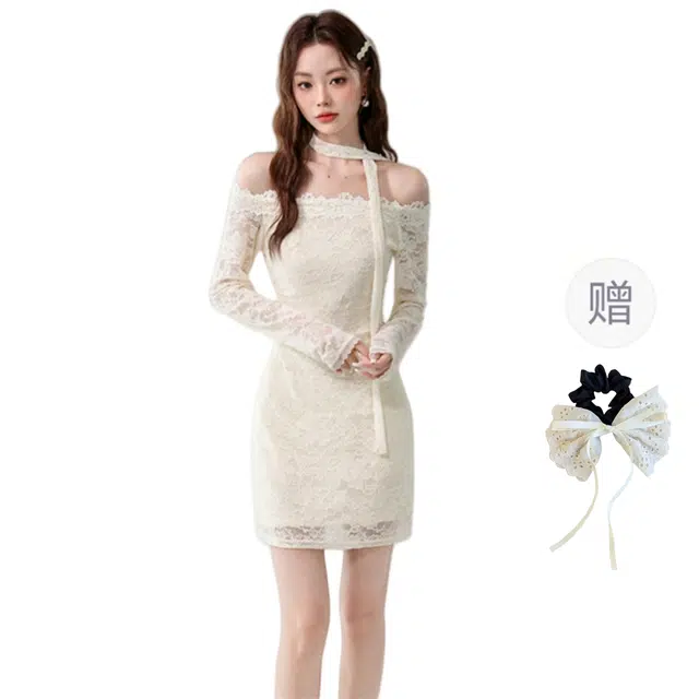 涂诗菲 法式温柔小众性感一字肩百搭显瘦优雅气质蕾丝长袖连衣裙 女款 杏色