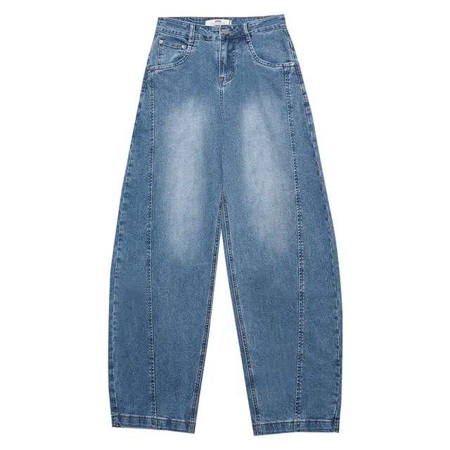 木果果木 美式高腰宽松水洗阔腿长裤牛仔裤 女款 蓝色