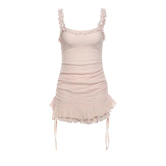 哒头下雨不愁 纯欲辣妹设计感抽褶荷叶边收腰显瘦短裙吊带连衣裙 女款