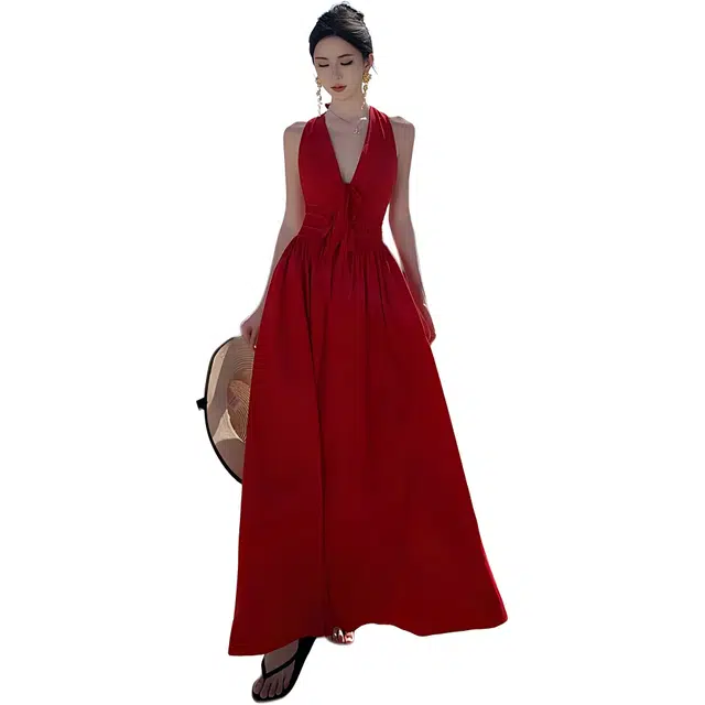 敲模女孩 法式纯欲风复古露背性感挂脖慵懒设计感气质海边度假风度假风无袖连衣裙 女款 红色