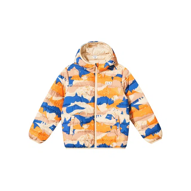 鸿星尔克儿童 拼色连帽防风保暖夹克式羽绒服 儿童款 暖卡其