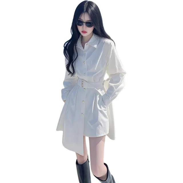 缪斯的诱惑 小香风不规则纯色时尚长袖连衣裙 女款 白色