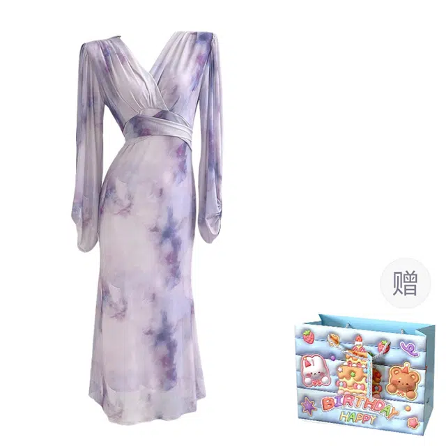 轻迎 复古晕染网纱度假温柔风显瘦优雅长袖连衣裙 女款 紫色